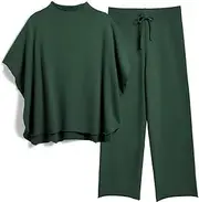 [SeeLuNa] Women's Two Piece Outfits 3/4 Batwing Sleeve Capelet Crew Neck Pullover Top Wide Leg Pants Lounge Set
