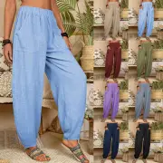 Womens Solid Cotton Linen Baggy Harem Pants Ladies Casual Loose Pockets Trousers