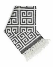 Jonathan Adler Greek Key Throw Blanket Alpaca Wool Fringe Gray 60" Square NEW