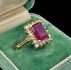 2.96Ct Emerald Cut Lab Created Ruby Halo Engagement Ring 14K Yellow Gold Plated