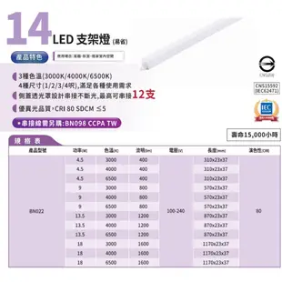 【登野企業】PHILIPS 飛利浦 T5 LED 支架燈 附贈串接線 易省 1尺/2尺/3尺/4尺 BN022 燈管