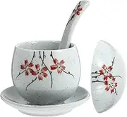 Mini Ceramic Stew Pot Miso Soup Bowl with Lid Tray Spoon Japanese Bowl for Bird Nest Dessert Soup Salad Pasta Red (Color : Red)