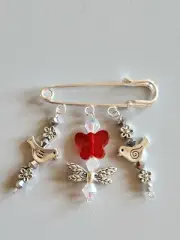 Handmade One Of A Kind safety pin brooch with butterfl, birds and crystal beads