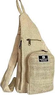 [Zillion Craft] Crossbody sling bag. Hand crafted mini back pack made with natural Hemp and cotton from Himalaya. Sweatproof breathable fabric with unbreakable YKK Zipper chain. Unisex classic design., Brown, Classic