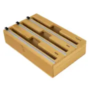 3 Grids Bamboo Food Wrap Dispenser Cutter Foil Cling Film Storage Holder Box Kit