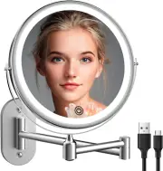 Rechargeable Wall Mounted Lighted Makeup Vanity Mirror 8 inch 1X/10X Magnifyi...