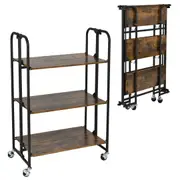 Kitchen Trolley Cart 3-Tier Foldable Storage Shelves Rack Organizer Wheels