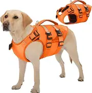 Kuoser Life Jacket Dog Large, Life Jackets for Dogs, Life Jacket with Handle and Reflective, Adjustable Dog Life Jacket, Life Jacket for Large Dogs with Improved Buoyancy, Orange, 2XL