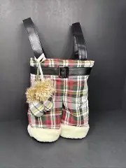 Pottery Barn Santa Clause Pants Mittens 2 Double Bottle Bag Carrier Plaid Lined