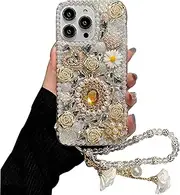 iFiLOVE for iPhone 7 Plus/8 Plus Bling Diamond Case with Flower Strap, 3D Luxury Sparkle Glitter Crystal Rhinestone Pearl Love Rose Wristband Bracelet Case Cover for Girls Women Kids (White)
