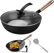 [KITment] Carbon Steel Wok Pan with Lid and Spatula, 12.6 inch Hand Hammered Iron Woks with Wooden Handle and Flat Bottom, Stir Fry Pans, No Coating, for Electric, Induction and Gas Stoves, 32cm