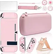 BRHE Cute Travel Carrying Case for Nintendo Switch / Switch OLED Accessories Kit with Hard Protective Cover, Glass Screen Protector, Adjustable Stand and Thumb Grip Caps 10 in 1 （Switch Pink