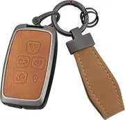 HIBEYO Key Fob Cover Compatible with Jaguar XE XF XJ F-Pace F-Type Land Rover Discovery 4 Range Rover LR4 Sport Evoque Freelander 2 Key Case Leather& Zinc Alloy Accessories-Short Keychain Brown