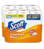 Scott ComfortPlus Toilet Paper, 36 Mega Rolls 245 Sheets per Roll, Septic-Safe