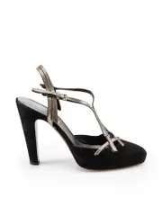 Black Suede Metallic Strap Platform Pumps