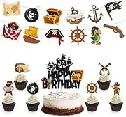 Pirate Birthday Party Decoration Set, Happy Birthday Cake Topper, Banner and Cupcake Toppers, 8 Pieces