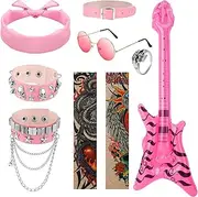 GSrenyu 7 Pcs Rock Star Fancy Dress Set, Gothic Rocker Costume with Retro Sunglasses Bandana Bracelet Inflatable Guitar, 70s 80s 90s Rockstar Disco Costume Accessories for Boys Girls Halloween