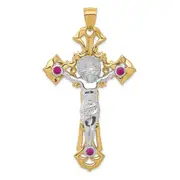 14k Two-tone Gold Polished with Red CZs Crucifix Pendant