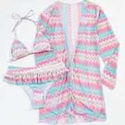 Summer Sexy Striped Print Ruffled Bikini 3 Piece Bikini Set with Cover Up Beachwear