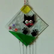 Track Fused Glass Wind Chimes Black Cat Millefiori Accents Brass Chain Hanger