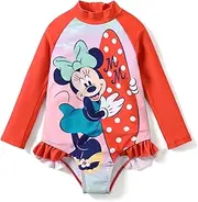 [Disney] Mickey and Friends Girl One Piece Long Sleeve Swimsuit Rashguard Bathing Suit, Red, 6-7 Years