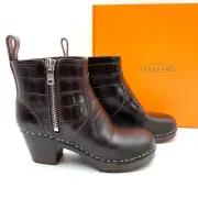 Swedish Hasbeens Zip It Emy Boots Croc Leather Dark Brown Platform Sz 37 / 7