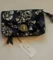 NWT RFID Vera Bradley Turn Lock Wallet Zip Around Blue+White Floral On Black