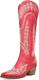 [RONILURN] Women Mid Calf High Cowboy Boots Cowgirl Boots, Western Country Embroidery Stitching, Low-Heel Sexy Fashion, Round Toe Side Zippers Chunky Heel Pull On Stretchy Brown