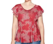 ONE WORLD WOMEN'S RED FLUTTER SLEEVE STAR STUDDED TIE DYE TOP SHIRT PLUS Sz 1X