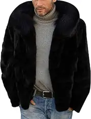 [Qolkmuiy-GJ] Mens Faux Fur Hooded Mid Coat Casual Fluffy Fur Collar Coats Fashion Warmth Thicken Shaggy Garments