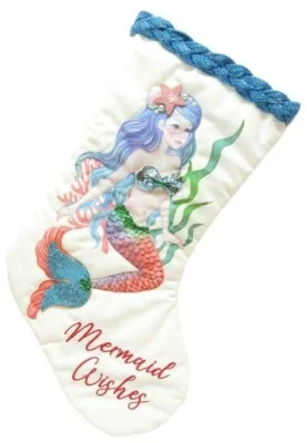 Mermaid Wishes Christmas Stocking Blue Braided Rope w Beading Sequins Trim NEW