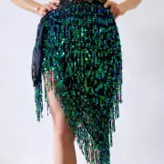 Women Belly Dance Hip Midi Skirt Tassel Scarf Sexy Sequin Wrap Performance Skirt