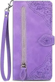 Designed for Oppo A93/A74/A54 5G Wallet Case,Embossed Premium PU Leather Cover with Card Slots Magnetic Closure Zipper Pocket Kickstand Handbag with Hand Strap Flip Case Purple