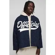 Mens Navy Oversized Collarless Stripe Baseball Varsity Jacket