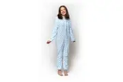 Girls Size 10-16 Blue Hearts Bunny Winter Fleece Hooded One Piece Jumpsuit