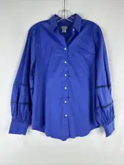 Chicos Poplin Inset Trim Billow Sleeve Womens Size 1 Blue Button Up New