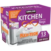 Kirkland Signature Drawstring Kitchen Garbage Bin Bags 13 Gallon 200 Count - Durable and Convenient