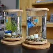 Mini Glass Fish Tank Bamboo Base Fish Tank Rotate Decoration Fish Bowl Aquarium