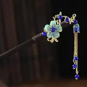 Wooden Hair Pins,Blue Chinese Japanese Hair Stick, Retro Wooden Hair pins, Flower Hair Chopsticks Vintage Tassel Hair Stick Wedding Party Hair Stick Hanfu Hair pins for Long Hair Buns