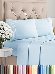 4 Piece Bed Sheet Queen Size Set, Flat Sheet, Fitted Sheet and 2 Pillowcases – Wrinkle Free, Soft Microfiber Sheets with Deep Pockets for Mattresses up to 35cm, Oeko-TEX Certified - Light Blue
