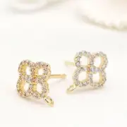 One Pair 18K Gold Plated Stud Earrings Connector, Cubic Zirconia Micro Pave Flo