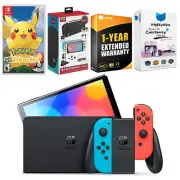 Nintendo Switch Neon Red/Blue OLED + Pokemon Let's Go, Pikachu! + Accessory Kit