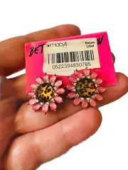 NEW Betsey Johnson Leopard Pink AB Rhinestone Flower Stud Pierced Earrings