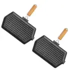 2x Rectangular Cast Iron Griddle Grill Frying Pan Folding Wooden Handle
