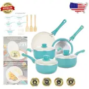Vibrant 11-Piece Ceramic Nonstick Cookware Set with Bamboo Utensils – Turquoise