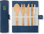 Bambaw Bamboo Cutlery Set | Camping Utensils | Knife, Fork, Spoon and Straw| Travel Utensil Set | Camp Silverware Set with Pouch | Portable Utensil Set | Camping Tableware Set | 7.9 Inch | Ocean |