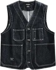[Bciopll] Men's Denim Workwear Vest Outdoor Multi Pockets Jeans Vest Coat Vintage Casual Waistcoat