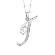 Sterling Silver Rhodium Plated Script Initial Letter T With Diamonds On 18 Inch Chain ( 0.05 Tcw)