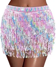 [Hikkcos] Women's Sequin Fringe Skirt Belly Dance Skirt Tassel Hip Scarf Multilayer for Halloween Party Festival Costume