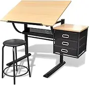 Drawing Table, Adjustable Height Drawing Table, Two Drawers Tiltable Tabletop Drawing Table, Drafting Tables, Artist Drawing Table, Art Craft Desk for Artwork, Graphic Design, with Stool
